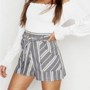 Blue Stripe Linen Tailored Tie Waist Shorts altern
